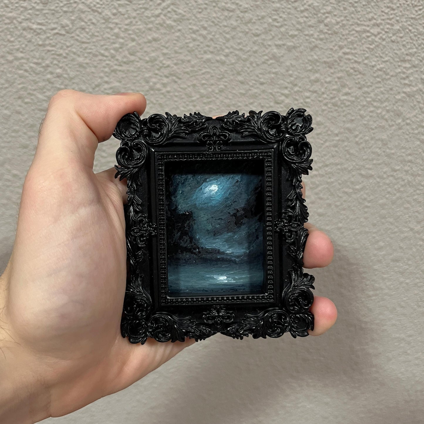 Storm of Silence – Gothic Miniature Oil Painting | Dark Academia Moonlit Seascape | Framed Original Art