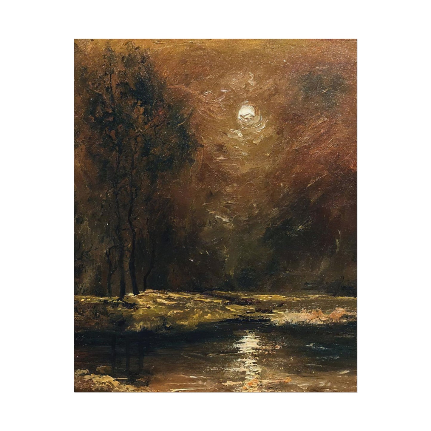 Dark Moody Landscape - Paper Print oil painting. Moonlit Night Landscape Dark Academia decor wall art. Tonalism painting
