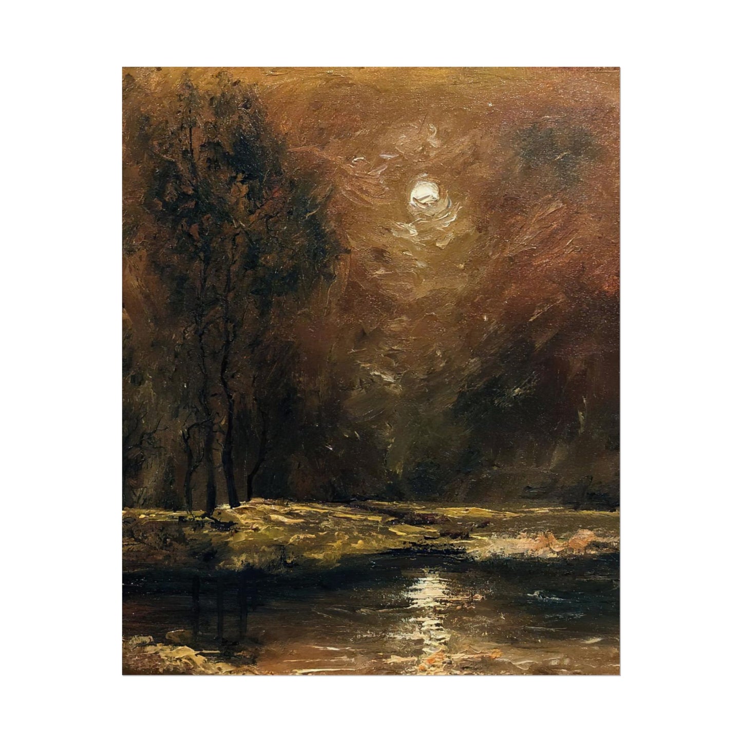 Dark Moody Landscape - Paper Print oil painting. Moonlit Night Landscape Dark Academia decor wall art. Tonalism painting