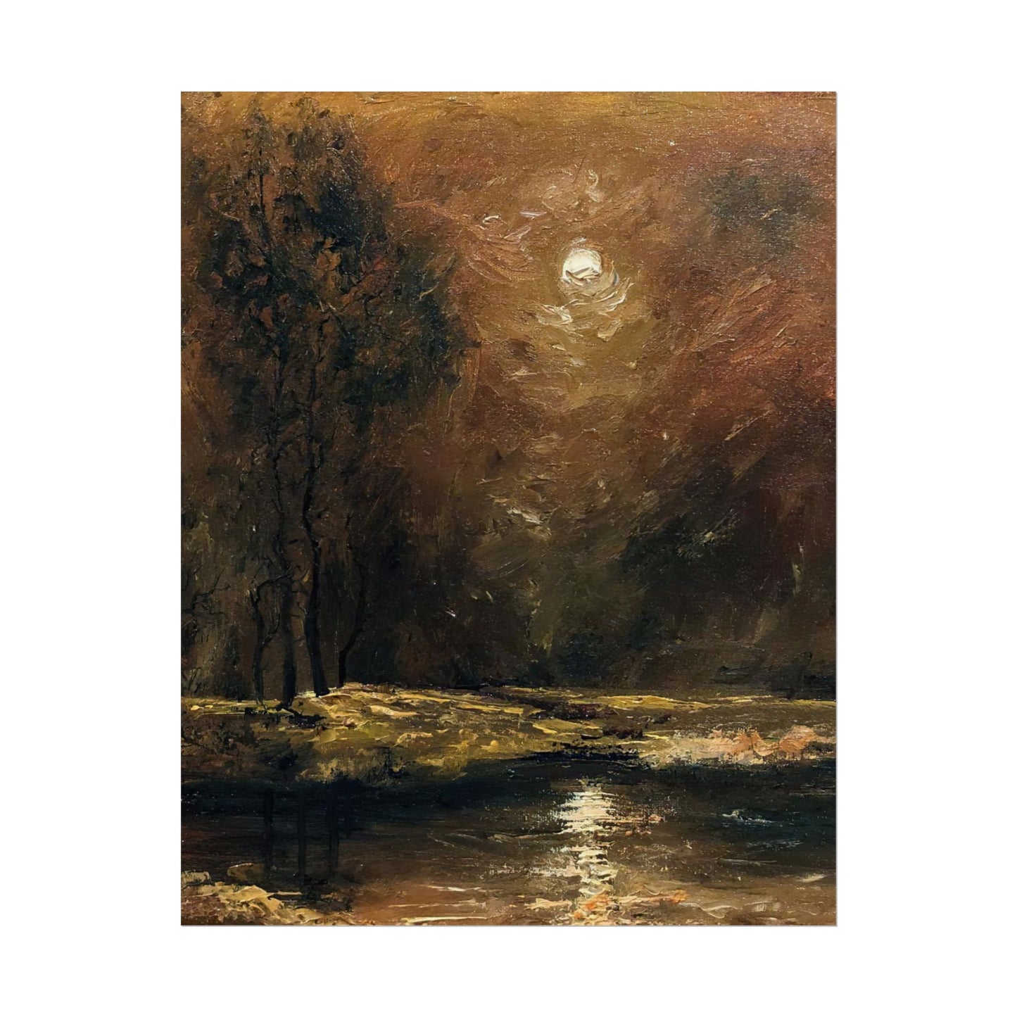 Dark Moody Landscape - Paper Print oil painting. Moonlit Night Landscape Dark Academia decor wall art. Tonalism painting