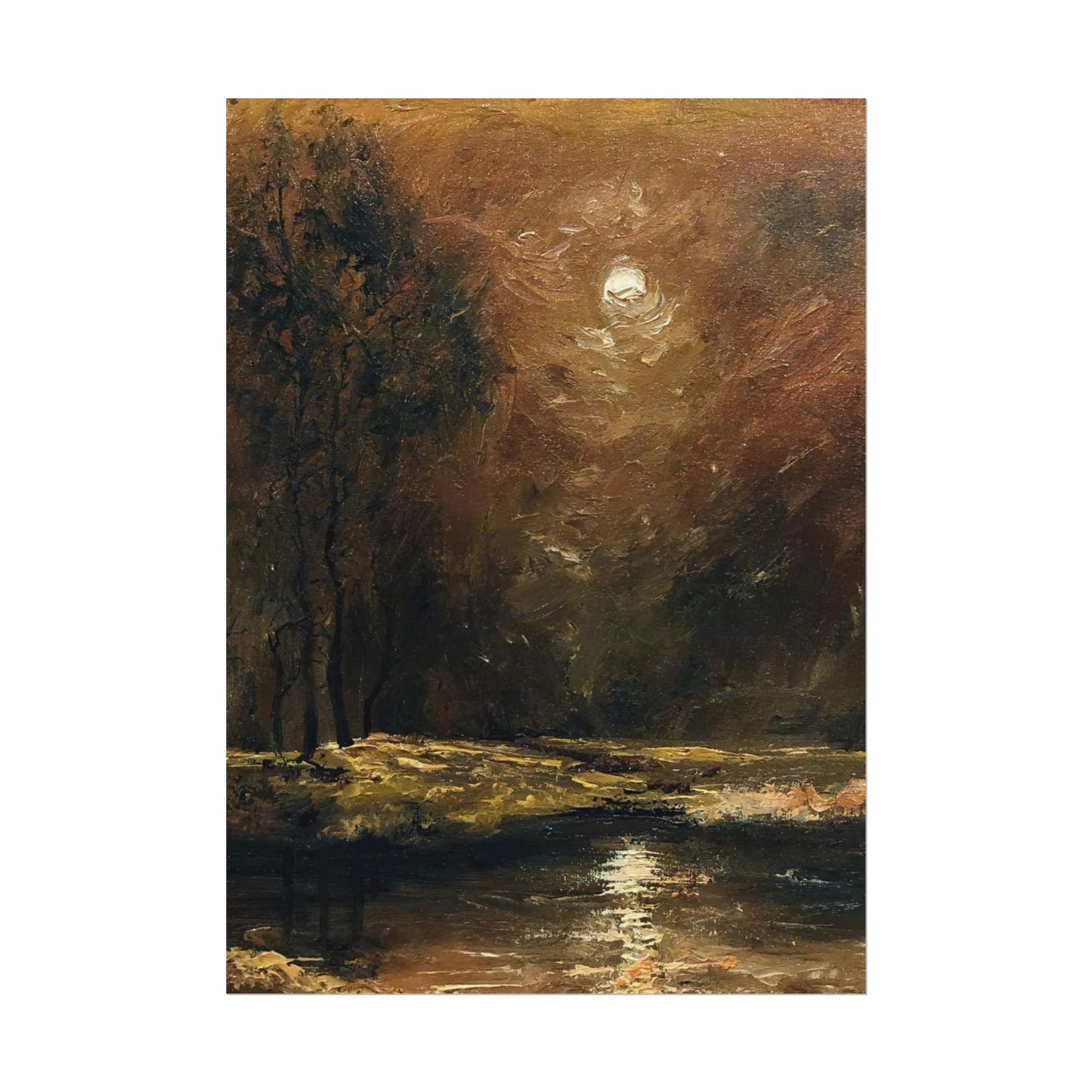Dark Moody Landscape - Paper Print oil painting. Moonlit Night Landscape Dark Academia decor wall art. Tonalism painting