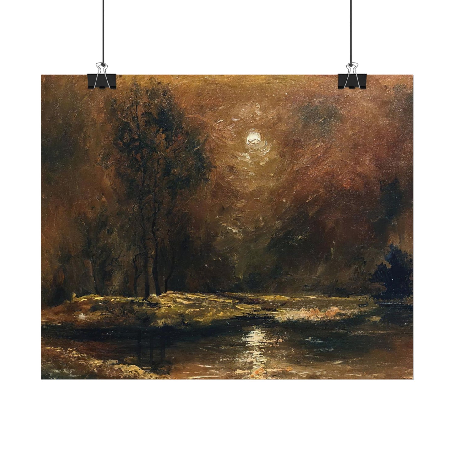 Dark Moody Landscape - Paper Print oil painting. Moonlit Night Landscape Dark Academia decor wall art. Tonalism painting