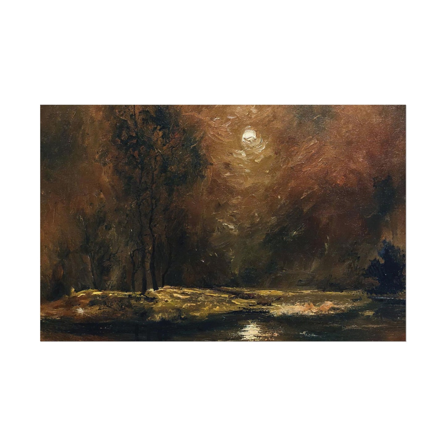 Dark Moody Landscape - Paper Print oil painting. Moonlit Night Landscape Dark Academia decor wall art. Tonalism painting