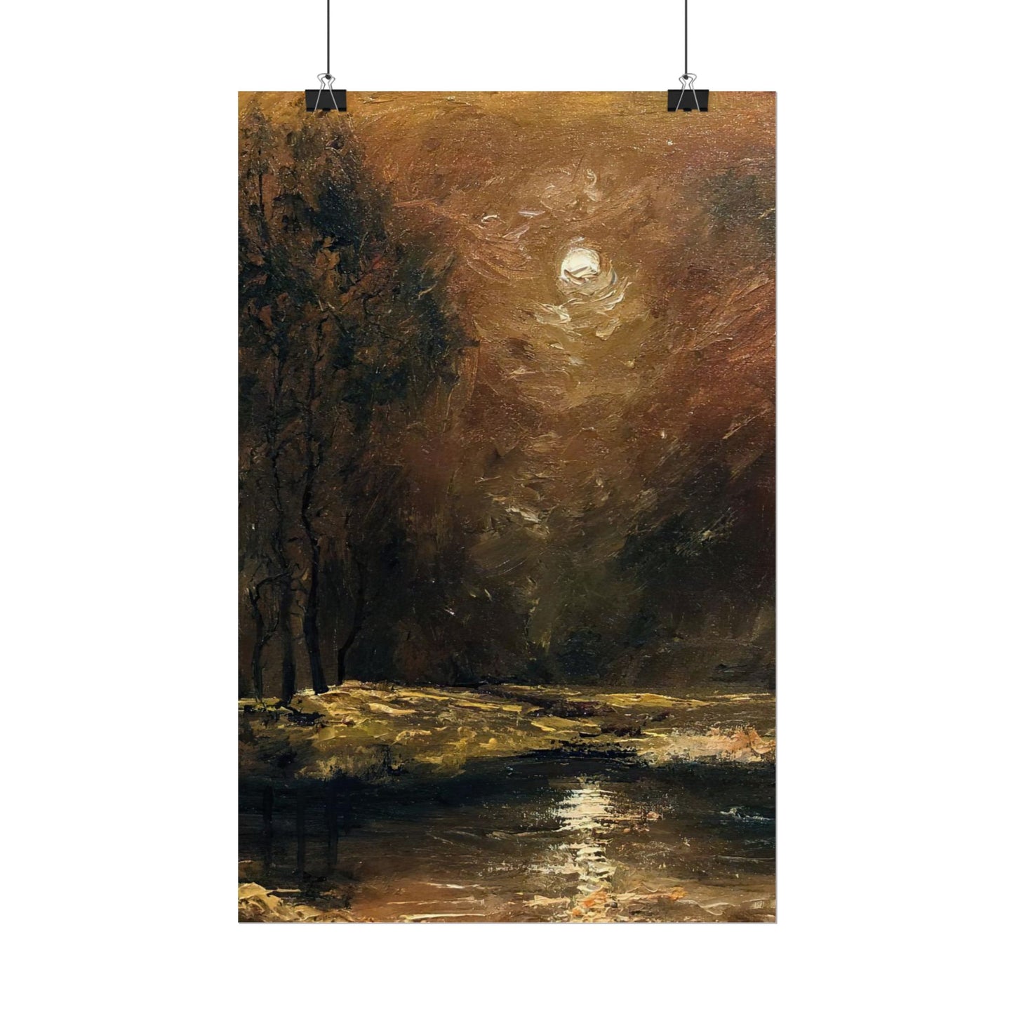 Dark Moody Landscape - Paper Print oil painting. Moonlit Night Landscape Dark Academia decor wall art. Tonalism painting