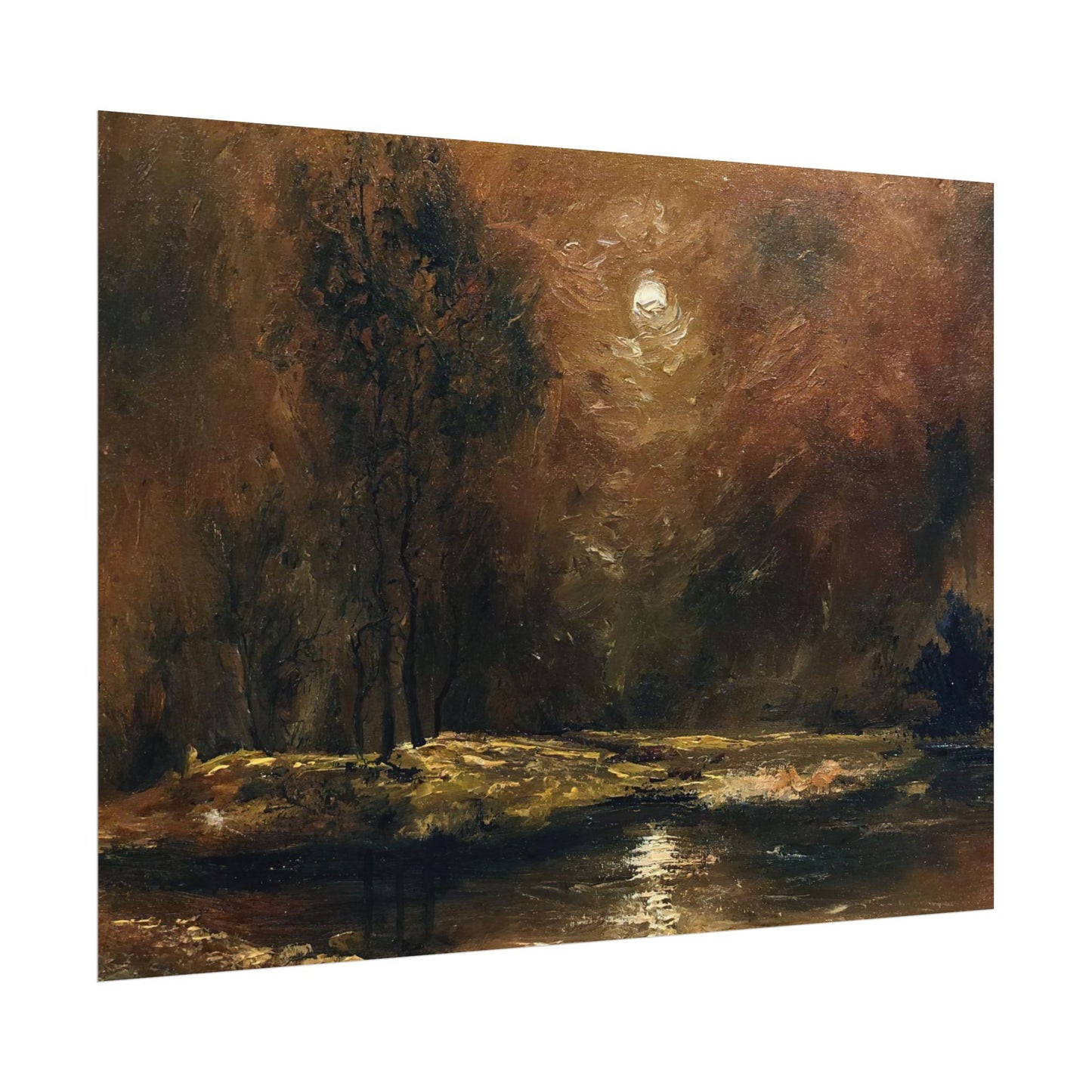 Dark Moody Landscape - Paper Print oil painting. Moonlit Night Landscape Dark Academia decor wall art. Tonalism painting