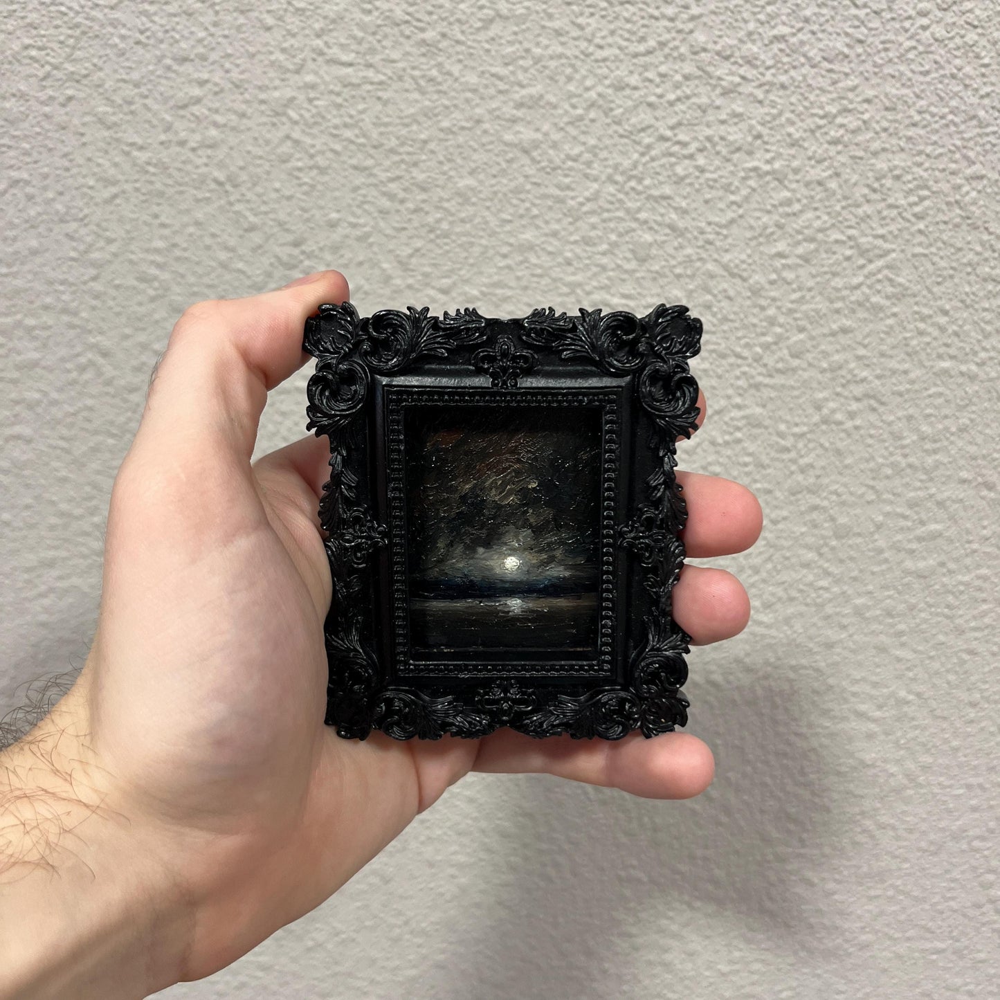 Framed Dark Academia Mini Oil Painting | Gothic Moonlit Seascape Art | Black Ornate Frame