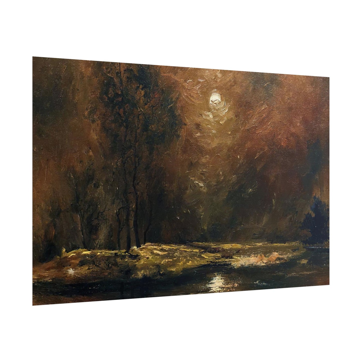 Dark Moody Landscape - Paper Print oil painting. Moonlit Night Landscape Dark Academia decor wall art. Tonalism painting