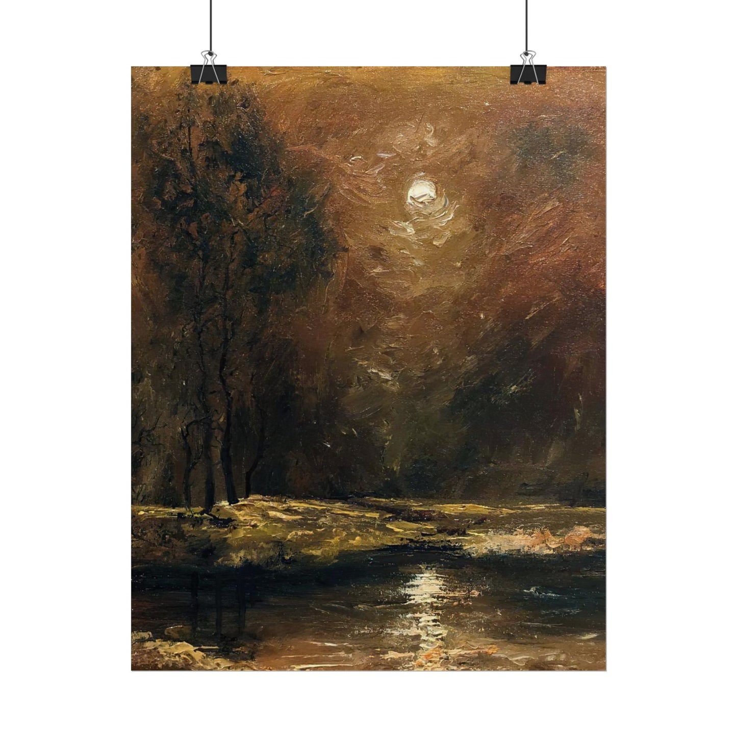 Dark Moody Landscape - Paper Print oil painting. Moonlit Night Landscape Dark Academia decor wall art. Tonalism painting