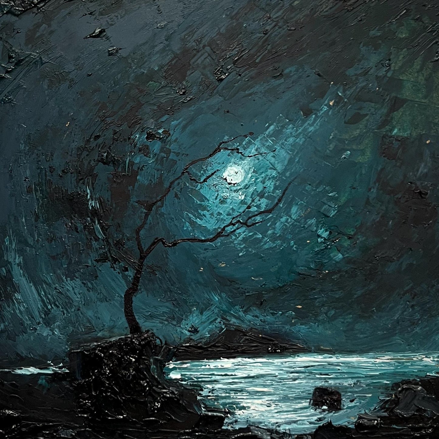 Original Oil Painting: Dark Romantic Nocturne Landscape - 20x20 cm