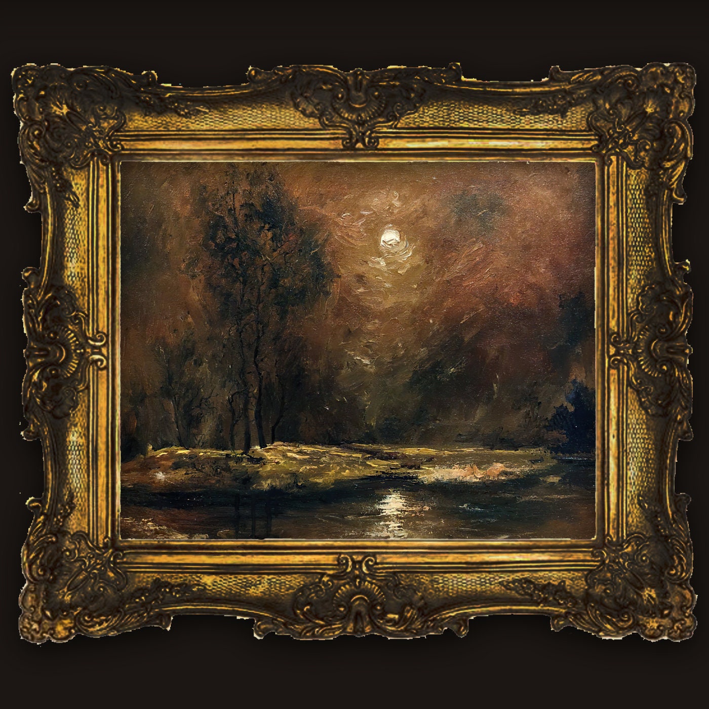 Autumn Landscape Anxiety gothic wall art print, featuring a dark cottagecore misty field under a full moon, moody vintage poster reproduction by Mikhail Khalin.