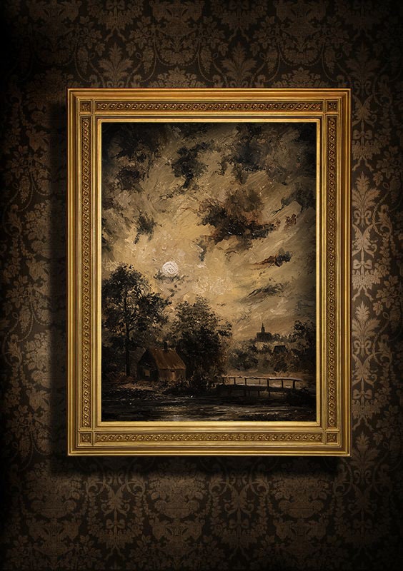 Vintage cottage river painting with a moody dark sky, a rustic bridge and a distant church spire under the moon, fine art reproduction for dark academia prints by Mikhail Khalin.