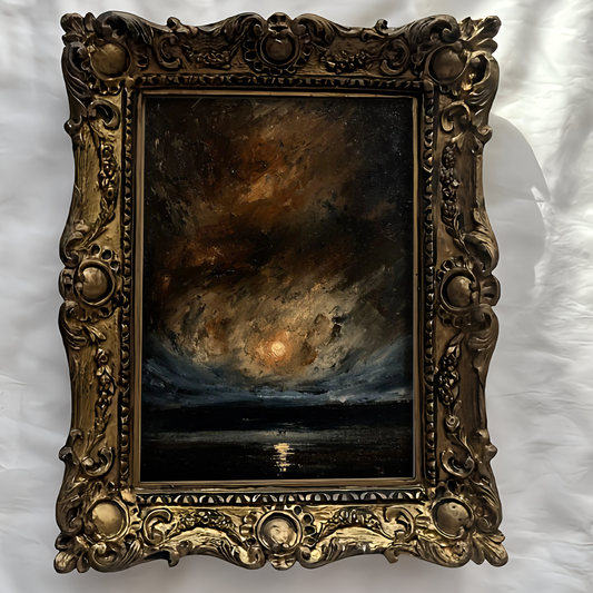 Nocturnum dark academia moon art print, moody gothic night sky landscape oil painting reproduction with moonlight reflection, premium matte poster by Mikhail Khalin.