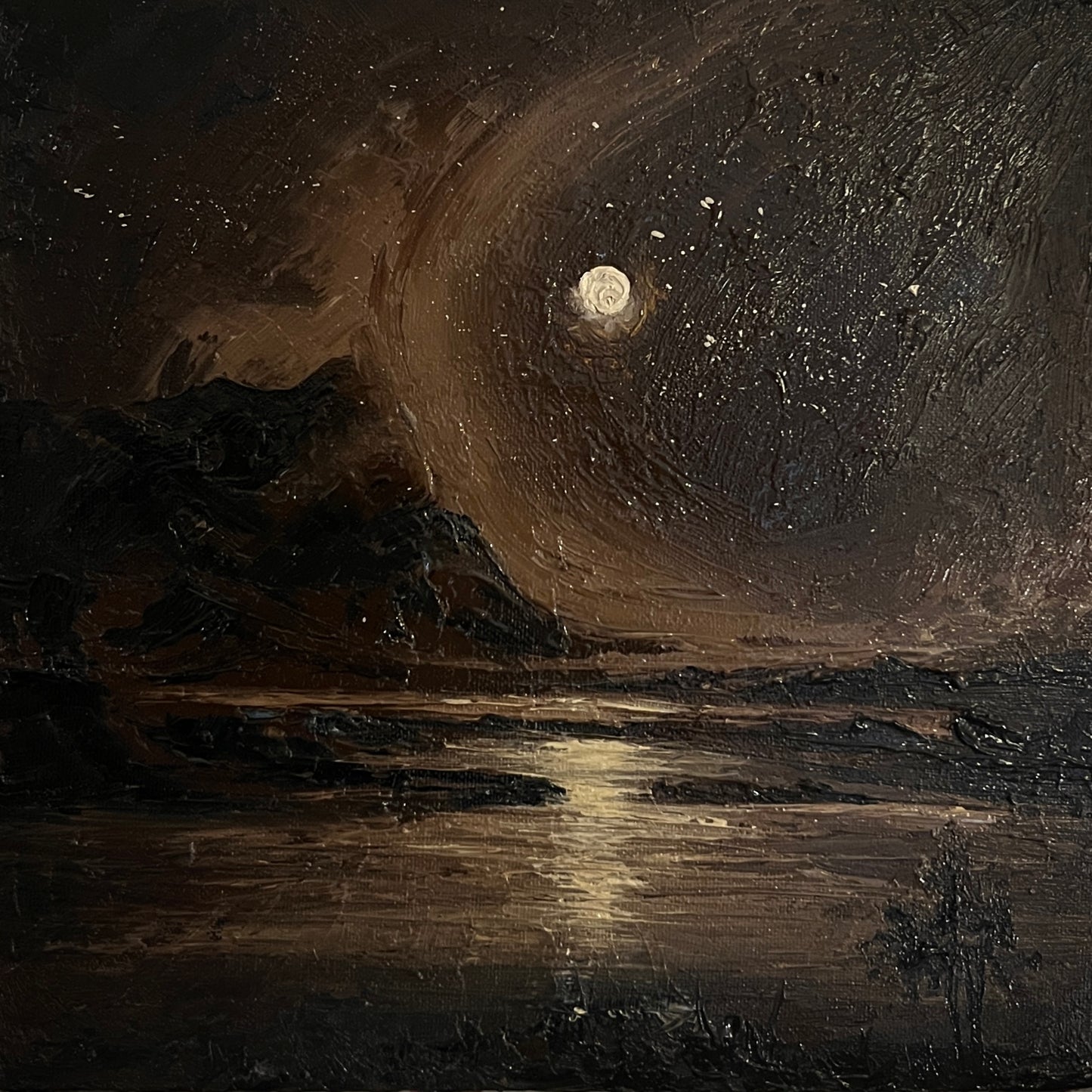 An impressionistic dark landscape painting featuring a moonlit sky with swirling brushstrokes, a bright full moon, silhouetted mountains, and a reflective body of water.