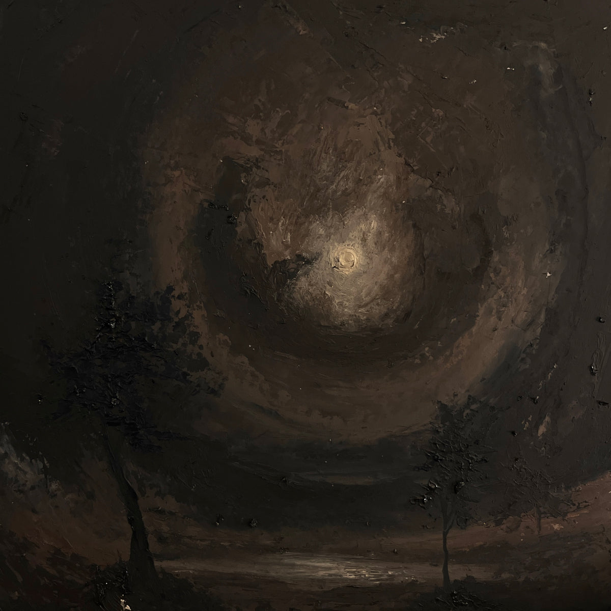 Dark moody landscape painting featuring a swirling vortex of black, brown, and gray tones, with silhouetted trees at the bottom and a bright light source in the center resembling a moon or spotlight.
