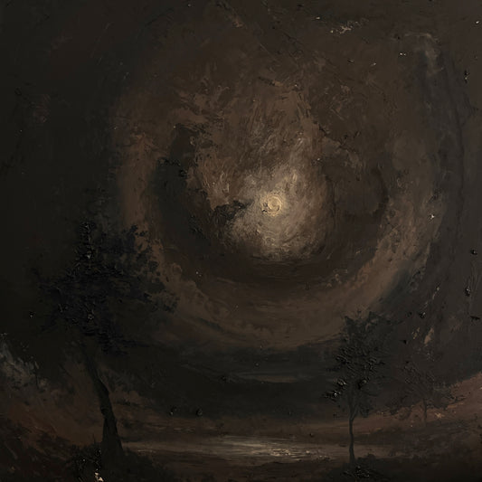 Dark moody landscape painting featuring a swirling vortex of black, brown, and gray tones, with silhouetted trees at the bottom and a bright light source in the center resembling a moon or spotlight.