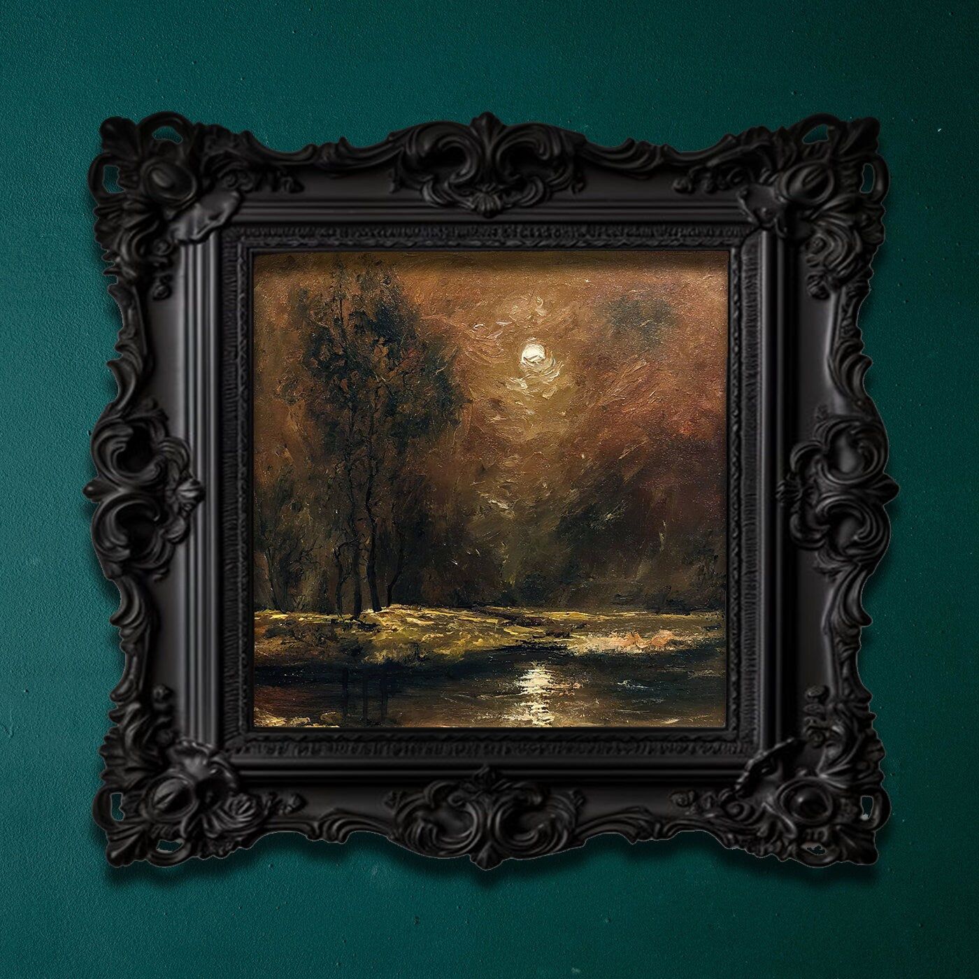 Autumn Landscape Anxiety gothic wall art print, featuring a dark cottagecore misty field under a full moon, moody vintage poster reproduction by Mikhail Khalin.