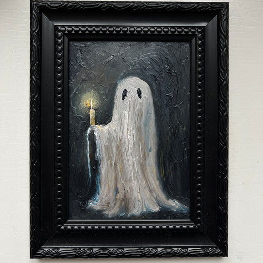 Ghost holds a candle- Original Framed Painting 3,5x5 inch