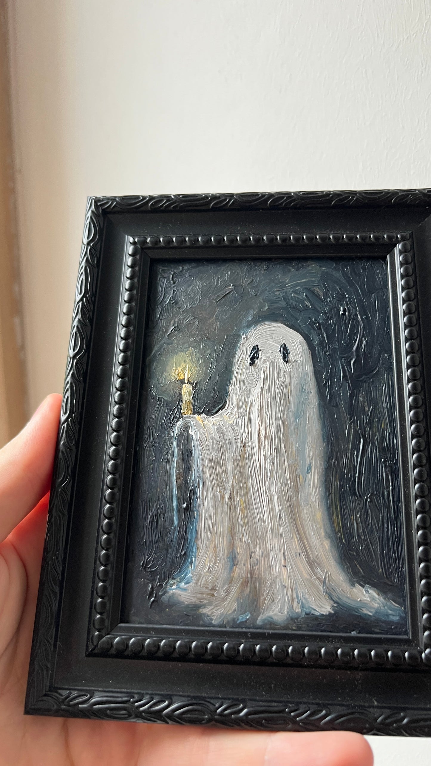 Ghost holds a candle- Original Framed Painting 3,5x5 inch