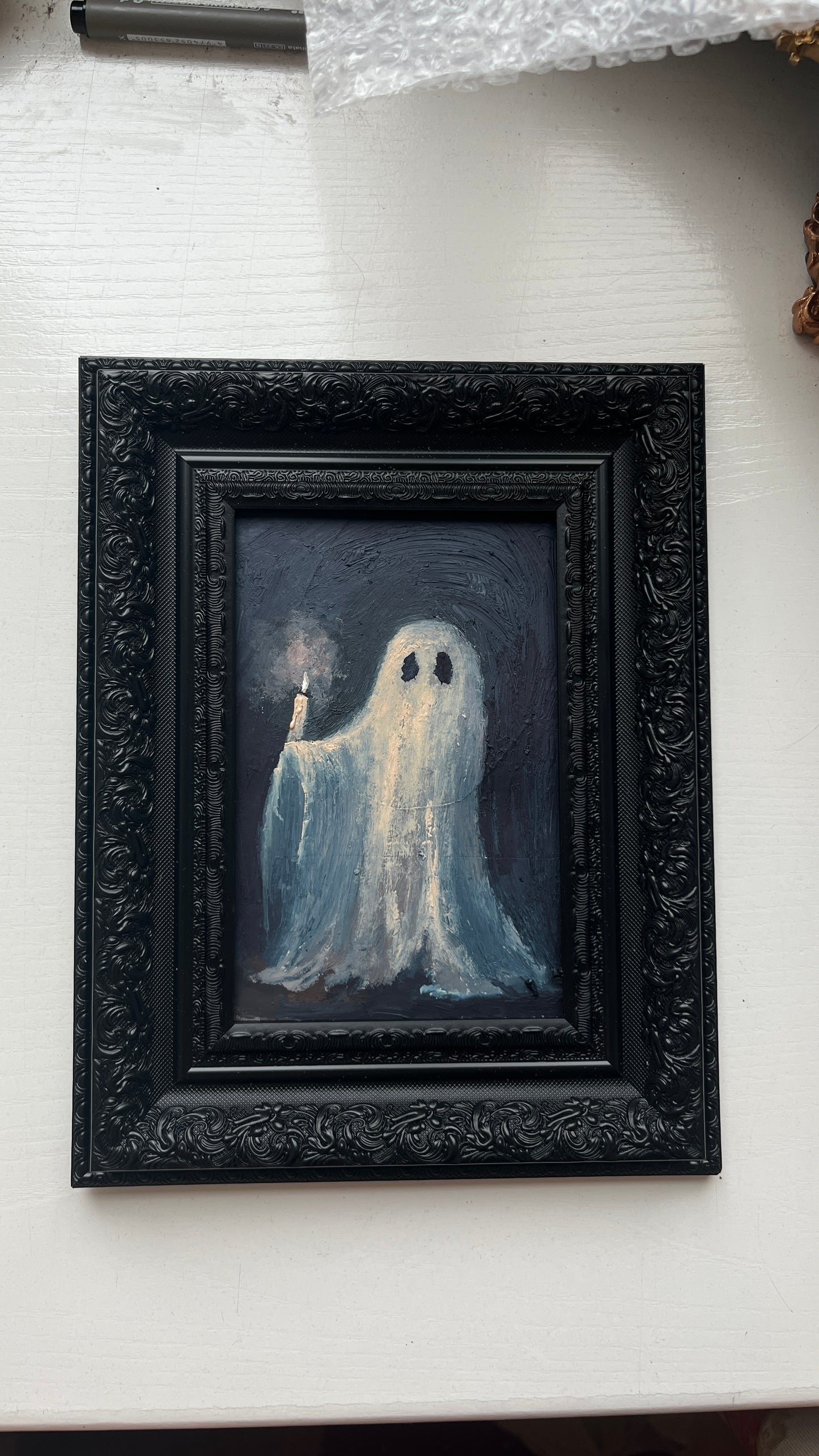 Ghost holds a candle- Original Framed Oil Painting 4X6 inch for victorian gothic wall decor