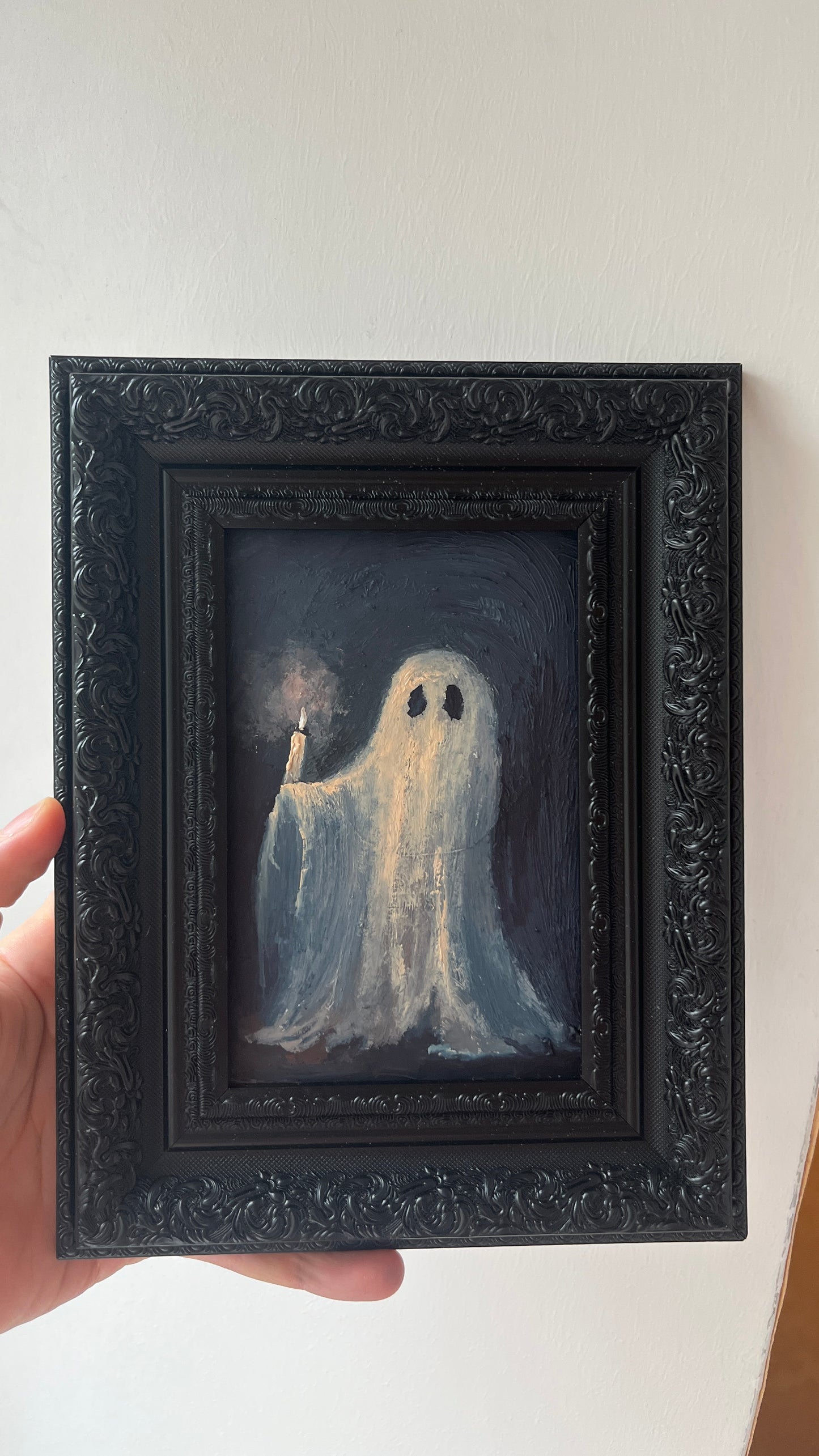 Ghost holds a candle- Original Framed Oil Painting 4X6 inch for victorian gothic wall decor