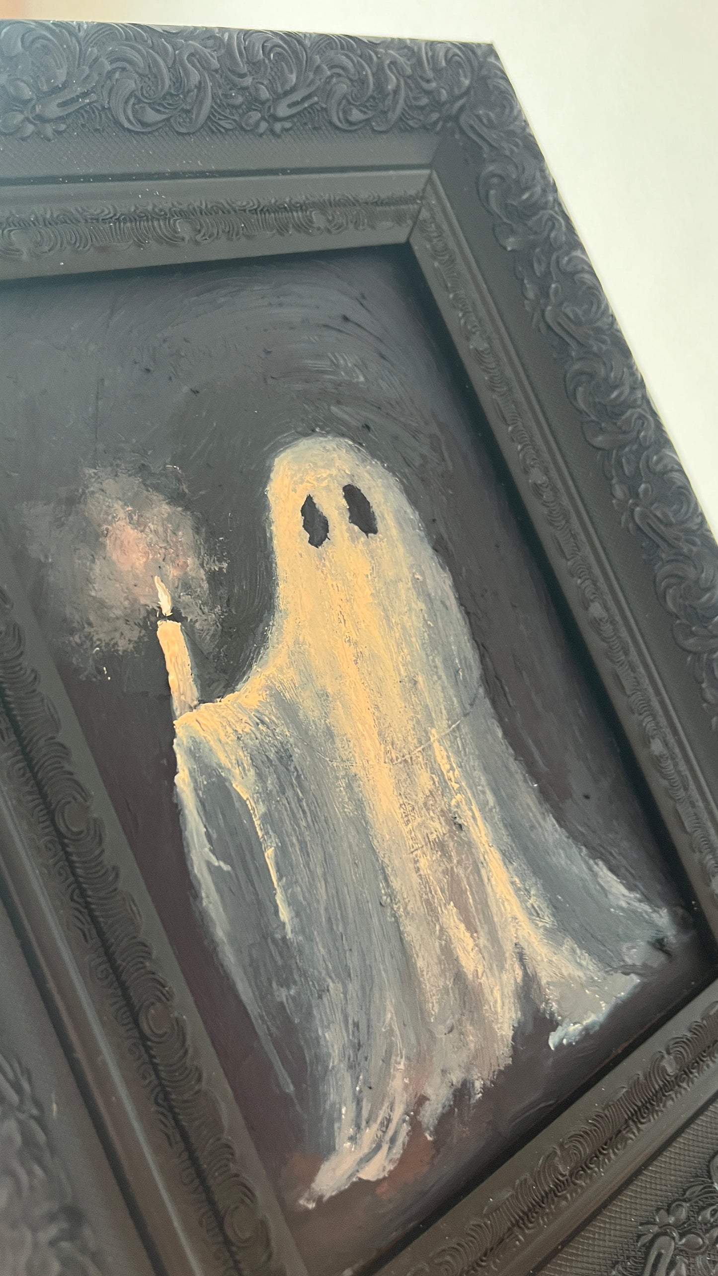 Ghost holds a candle- Original Framed Oil Painting 4X6 inch for victorian gothic wall decor