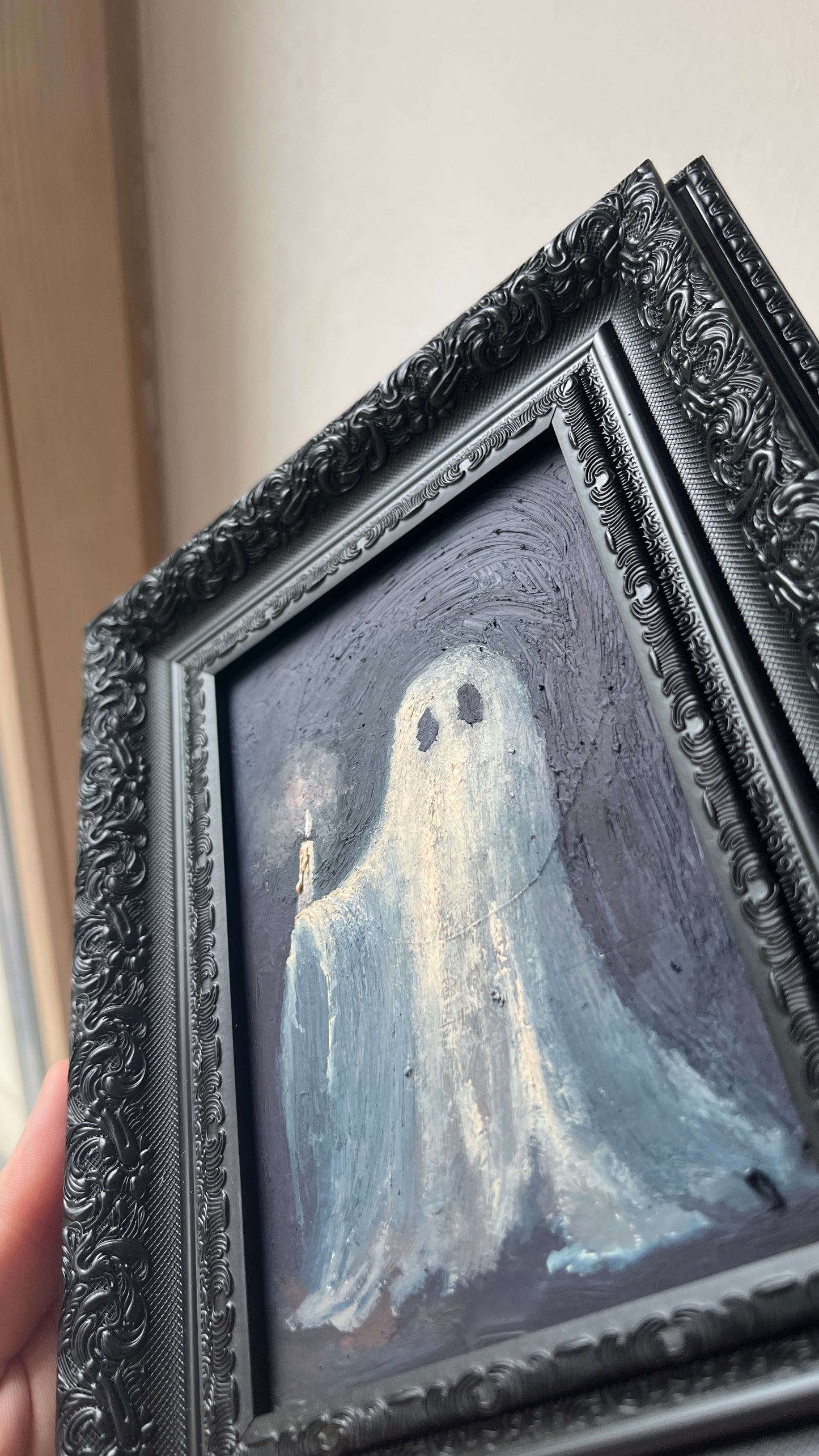 Ghost holds a candle- Original Framed Oil Painting 4X6 inch for victorian gothic wall decor
