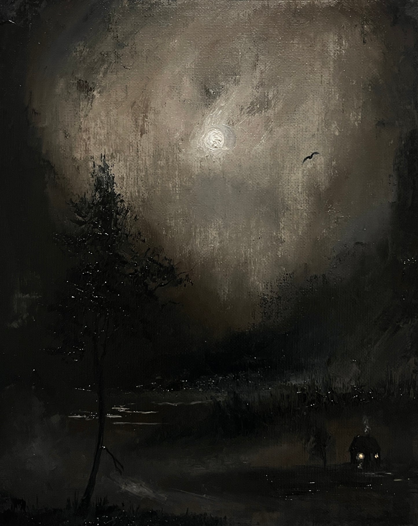 Sanctuary Under the Moon – Original Gothic Oil Painting 24x30 cm (9.4×12 in)