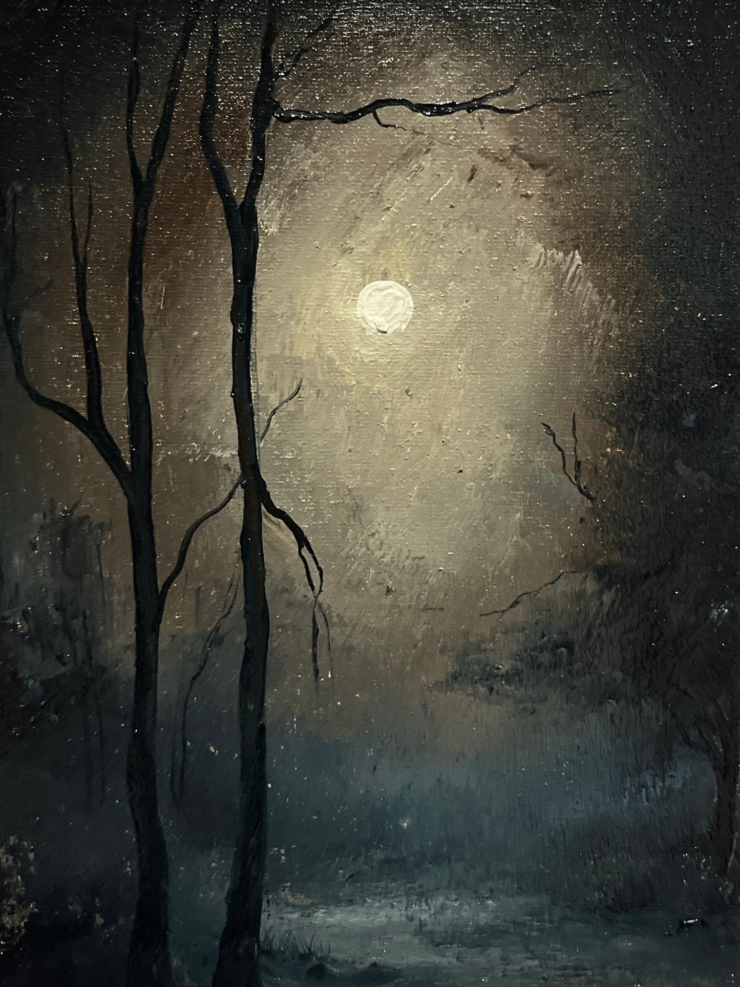 Silent Grove – Original Gothic Oil Painting 18x24 cm (7×9.4 in) | Dark Academia Moonlit Forest