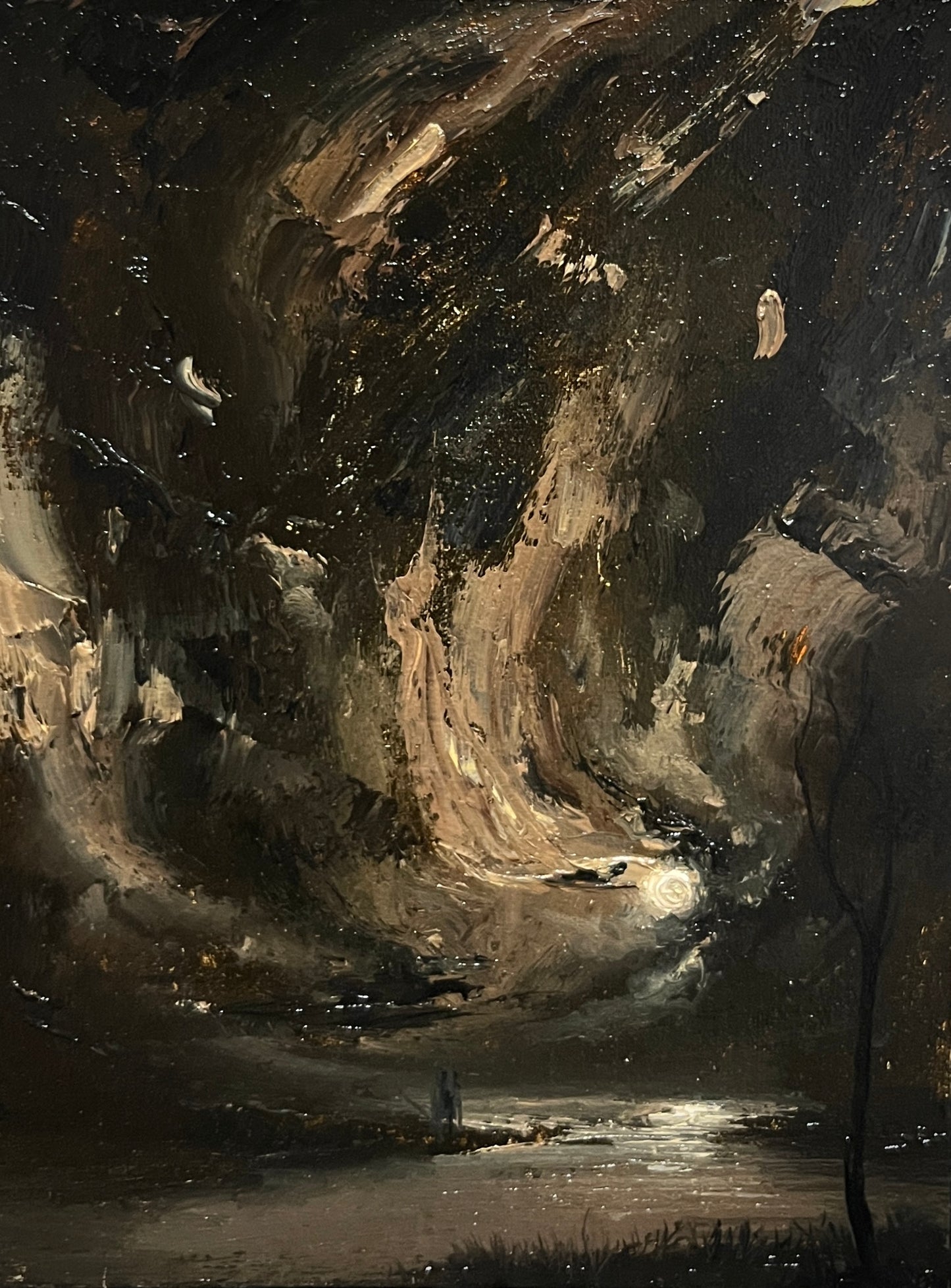 Inferno of Silence – Original Gothic Oil Painting 18x24 cm (7×9.4 in) | Dark Academia Moonlit Vision