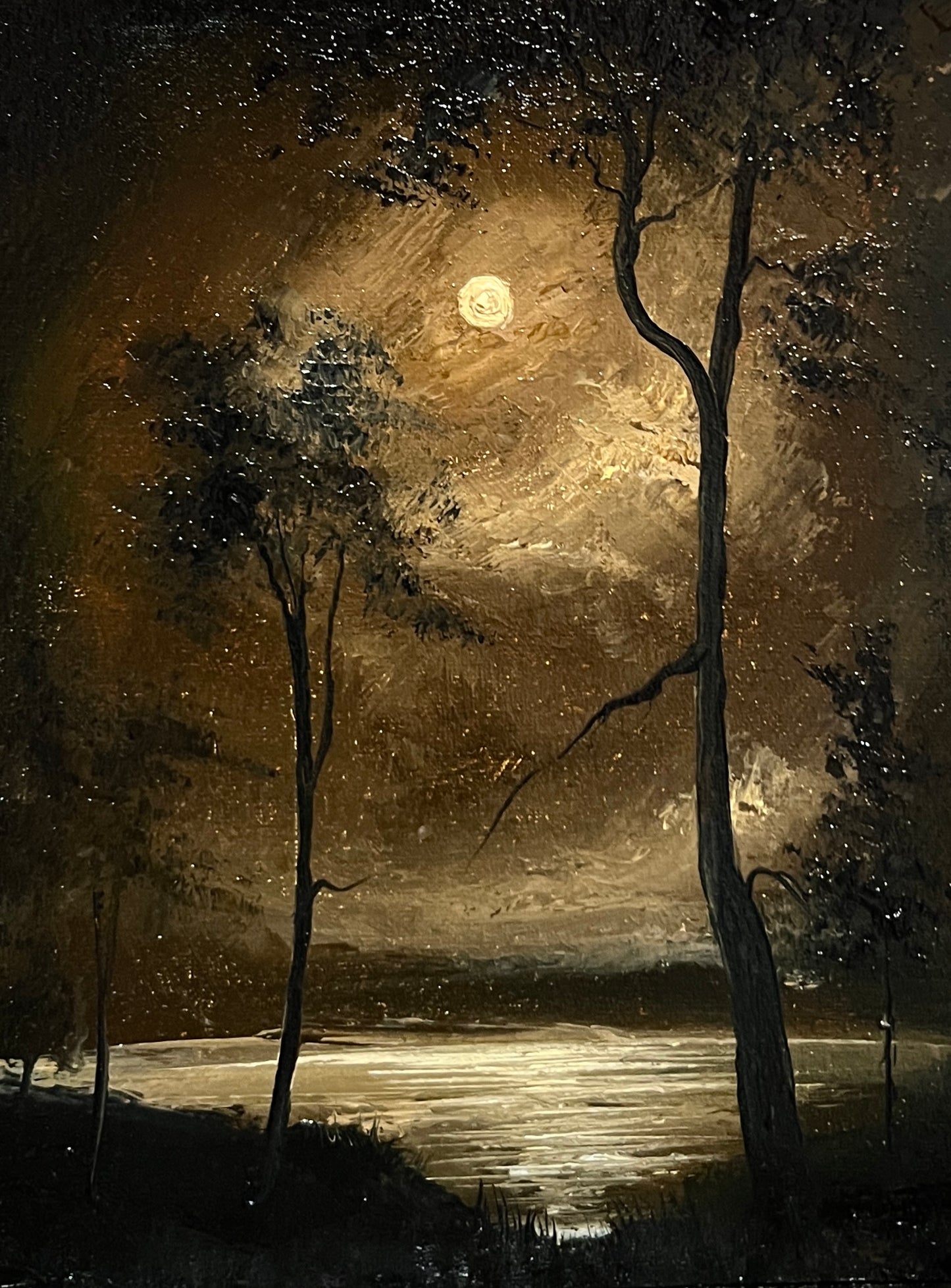 Amber Nocturne – Original Gothic Oil Painting 18x24 cm (7×9.4 in) | Dark Academia Moonlit Landscape