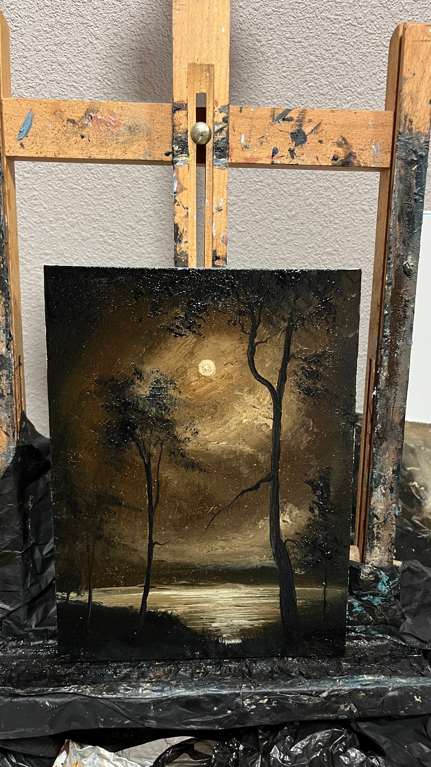 Amber Nocturne – Original Gothic Oil Painting 18x24 cm (7×9.4 in) | Dark Academia Moonlit Landscape