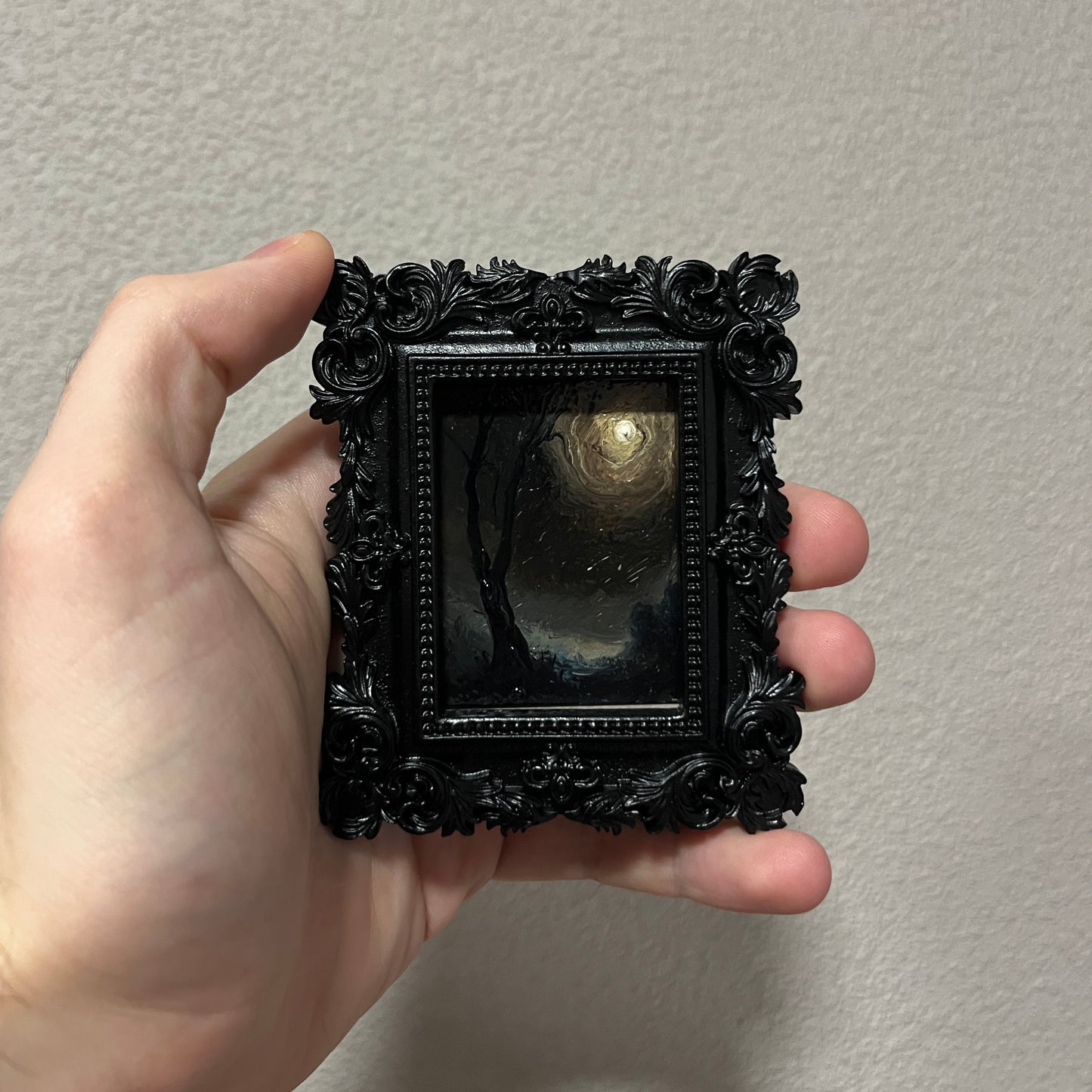 The Keeper of Silence – Original Miniature Gothic Oil Painting | Dark Academia Art in Ornate Black Frame