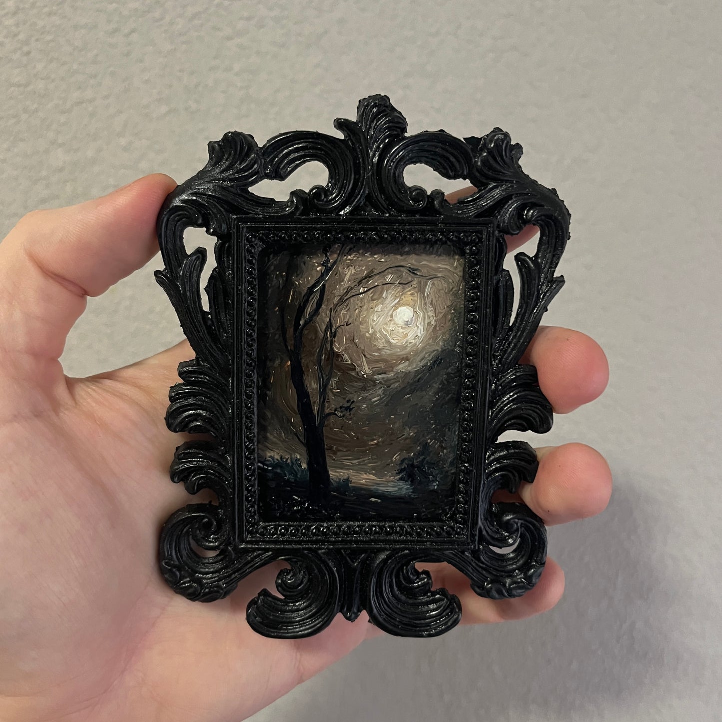 Whisper to the Moon – Original Miniature Gothic Oil Painting | Dark Academia Art in Ornate Frame