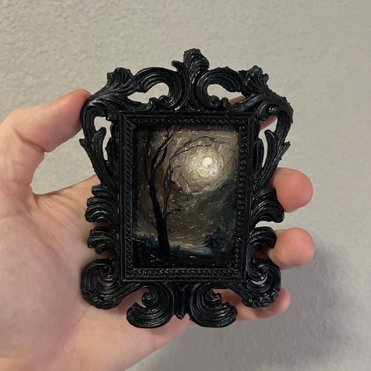 Whisper to the Moon – Original Miniature Gothic Oil Painting | Dark Academia Art in Ornate Frame