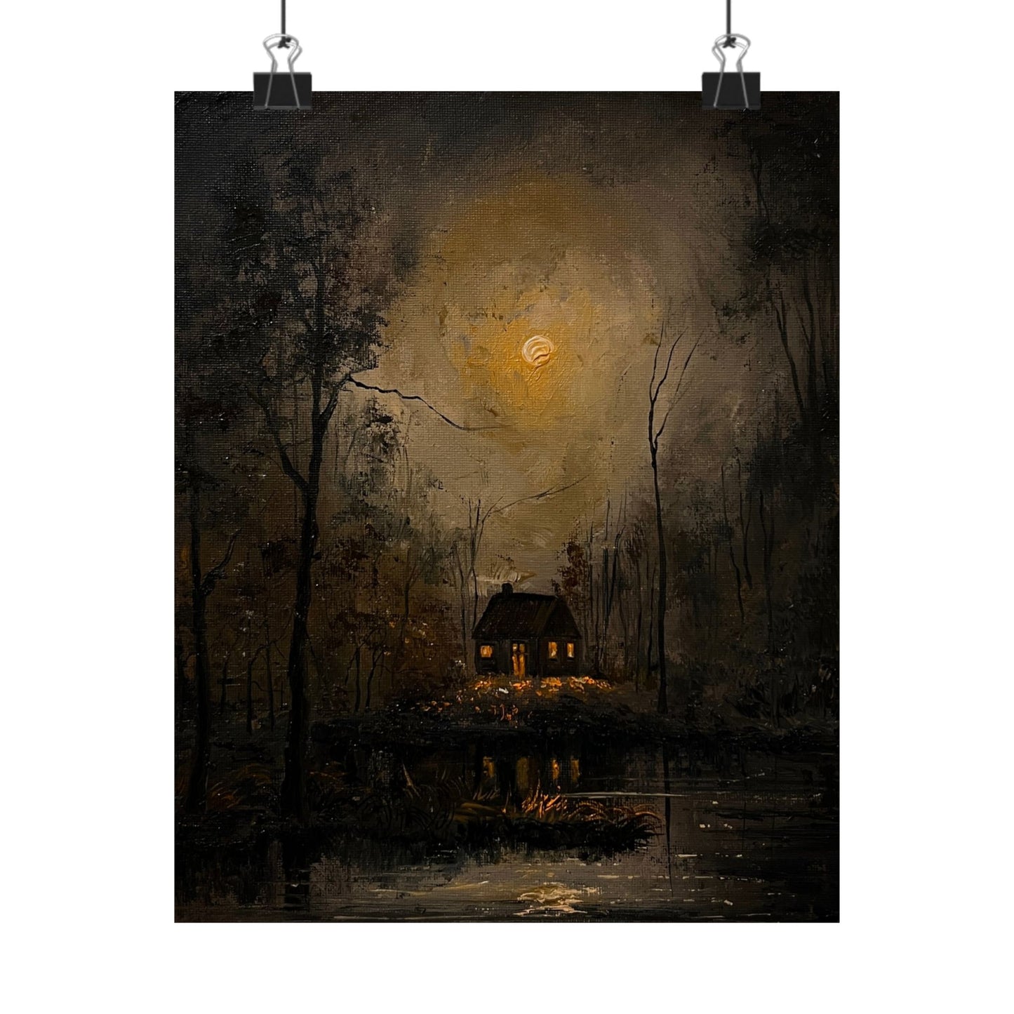 Moody Dark Academia Cottage Landscape Oil Painting - Paper Print, vintage dark cottagecore nature scene reproduction on matte paper by Mikhail Khalin.