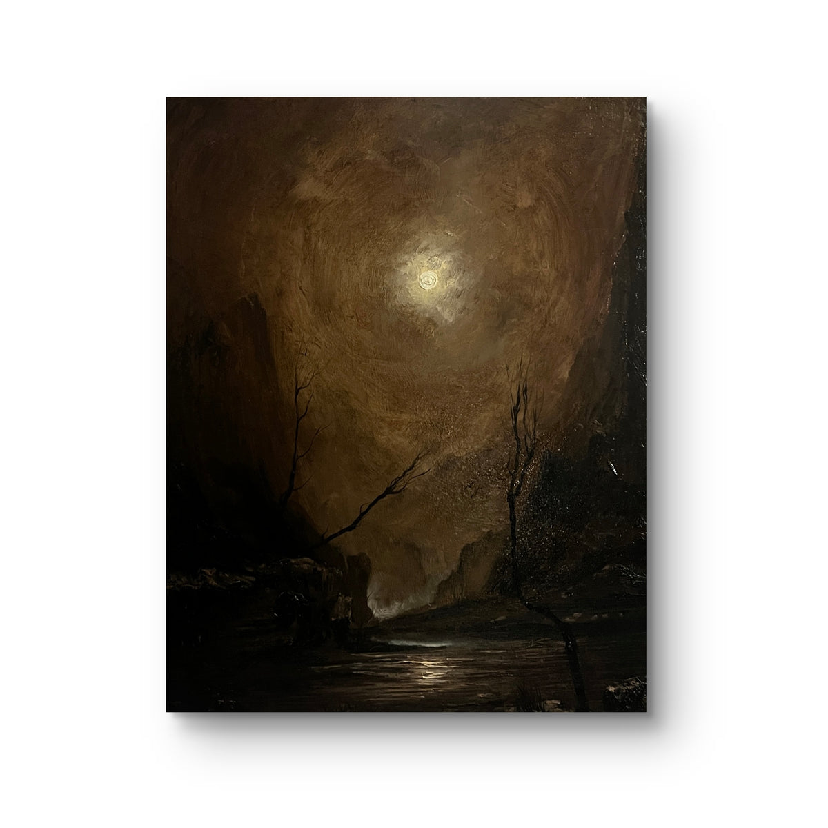 A vertical canvas fine art, moody landscape painting featuring a glowing moon over a shadowy river or valley, shown against a plain white background with a subtle drop shadow.