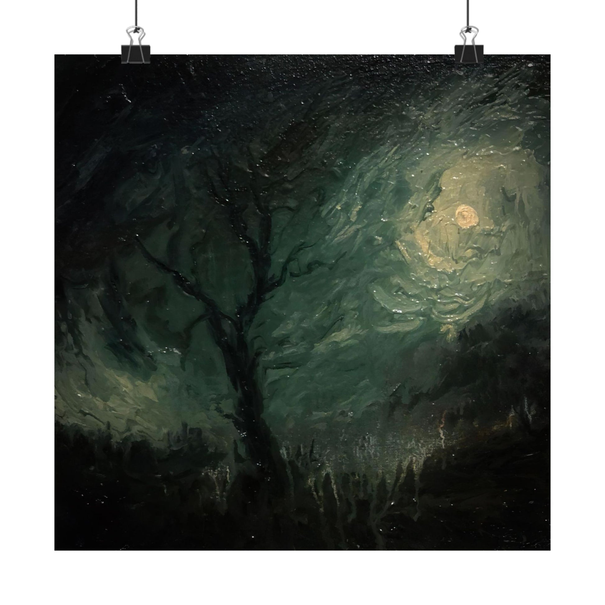 Moonlit Tree gothic wall art print, featuring a textured night sky and solitary tree under the moon, moody dark academia poster by Mikhail Khalin.