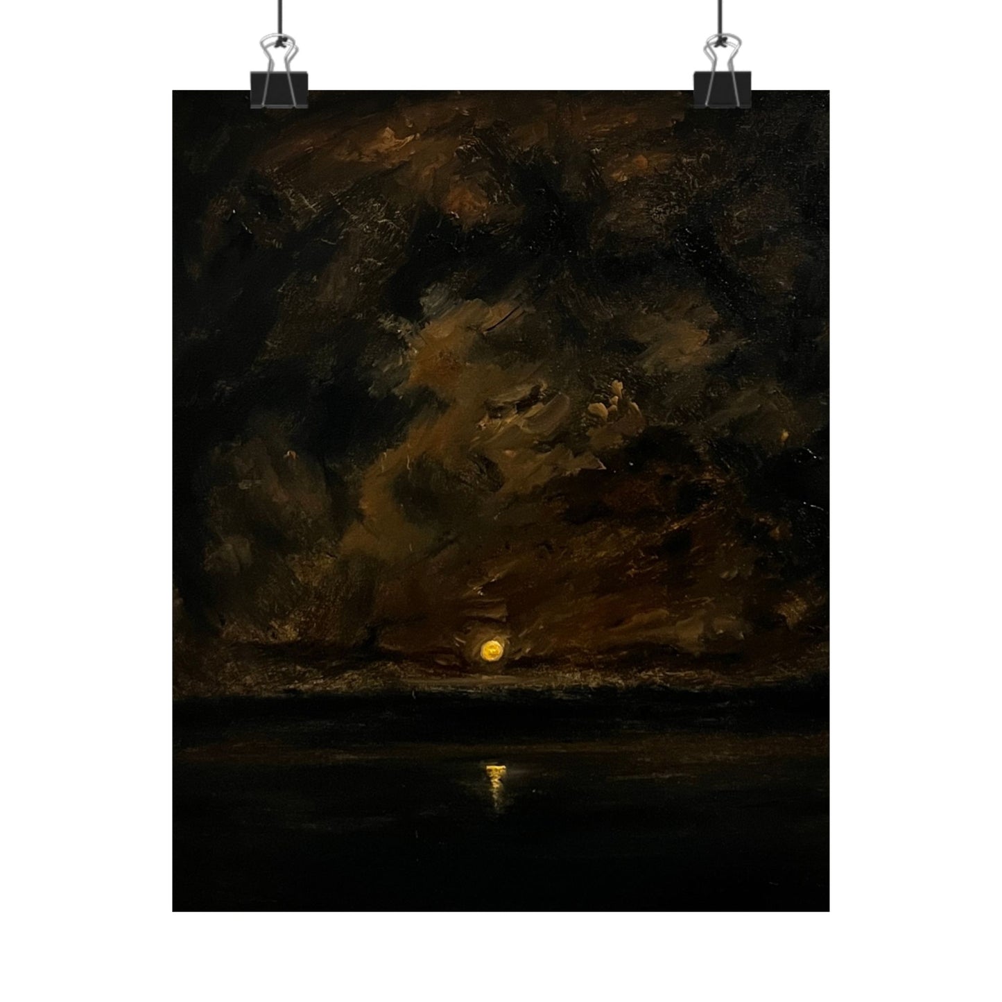 Nocturnal ocean horizon painting with a moody dark sky, a low full moon reflecting on the calm sea surface, fine art reproduction for dark academia prints by Mikhail Khalin.