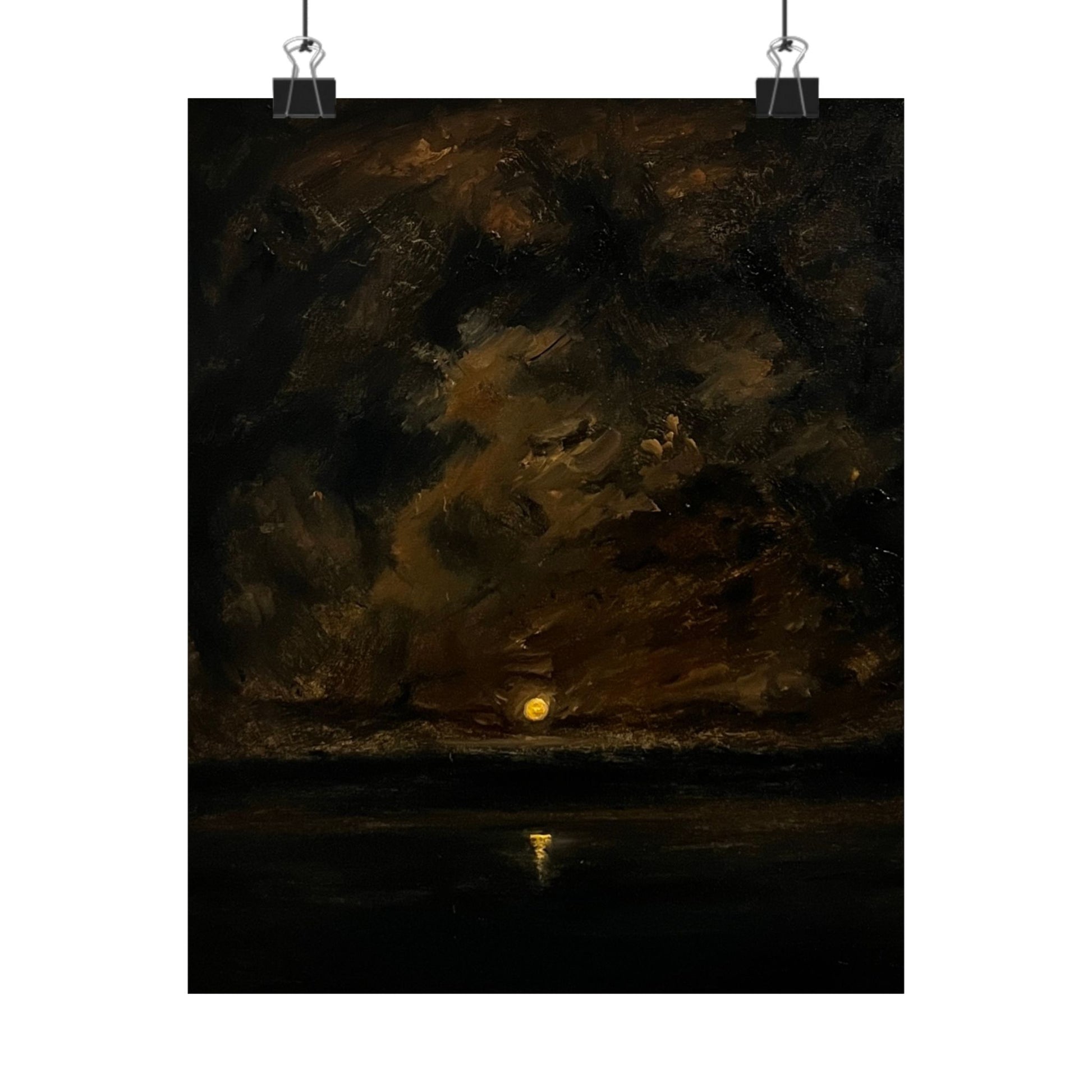 Nocturnal ocean horizon painting with a moody dark sky, a low full moon reflecting on the calm sea surface, fine art reproduction for dark academia prints by Mikhail Khalin.