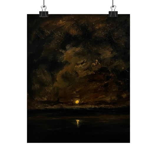 Nocturnal ocean horizon painting with a moody dark sky, a low full moon reflecting on the calm sea surface, fine art reproduction for dark academia prints by Mikhail Khalin.