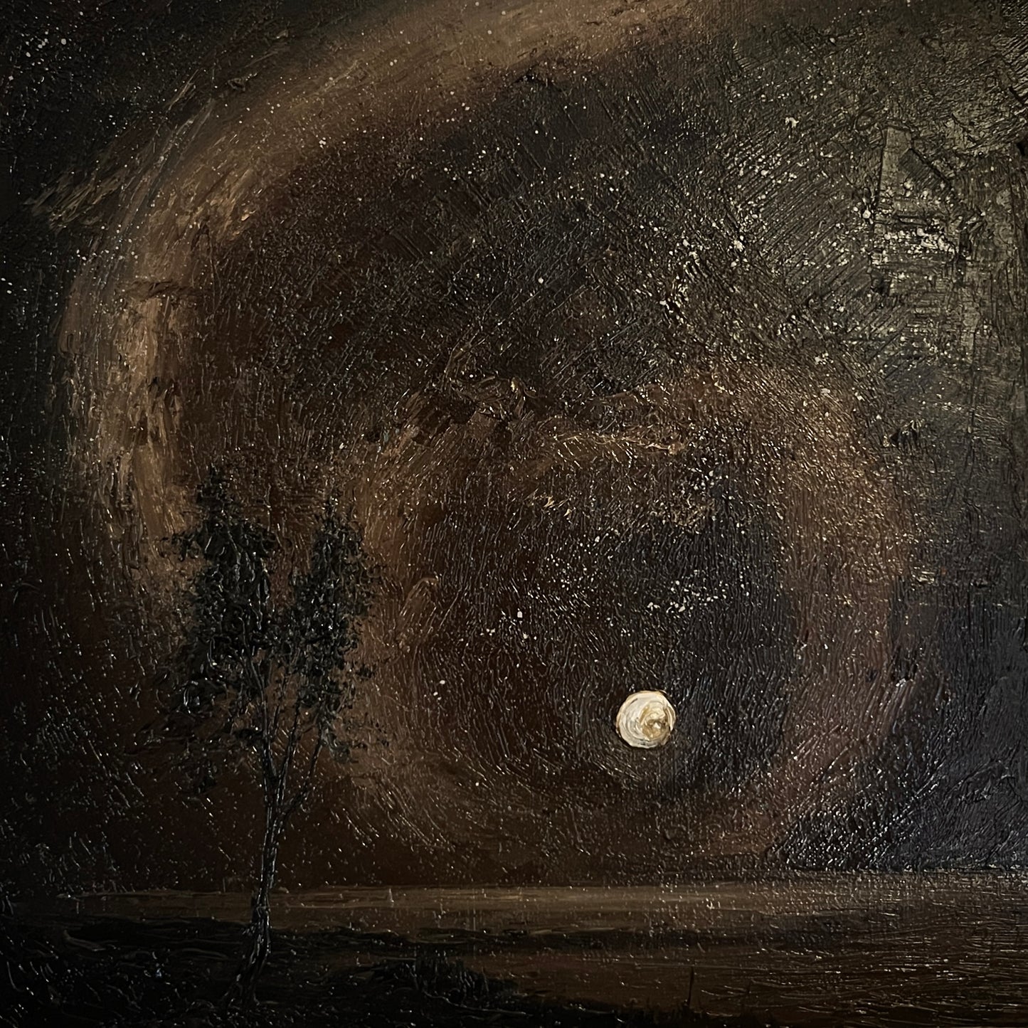 An abstract dark landscape painting featuring a large textured moon or sun in the lower right, a small tree silhouette on the left, and a dark horizon line beneath a swirling brown and black sky.