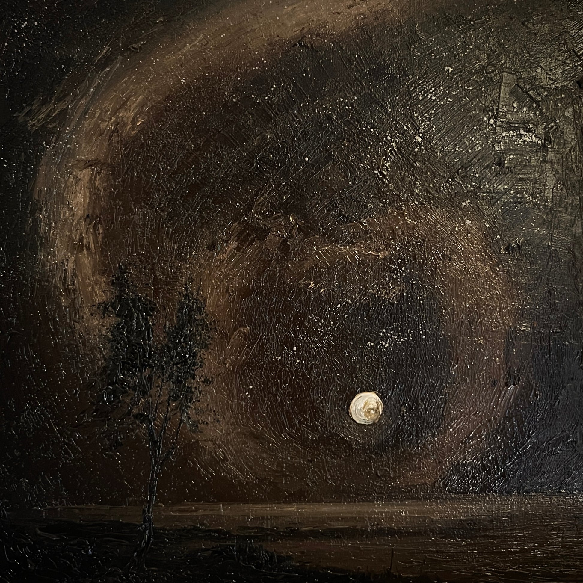 An abstract dark landscape painting featuring a large textured moon or sun in the lower right, a small tree silhouette on the left, and a dark horizon line beneath a swirling brown and black sky.
