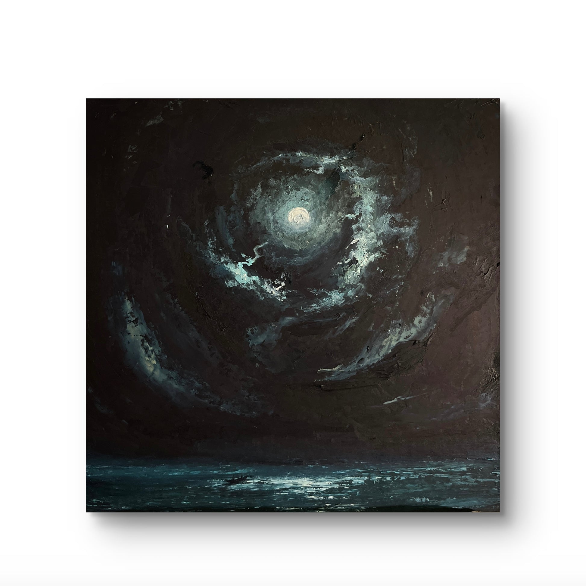A square canvas painting depicting a dramatic night seascape with swirling dark clouds, a bright full moon, and a dark reflective waterline, shown against a plain white background.