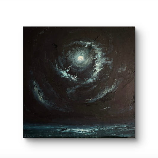 A square canvas painting depicting a dramatic night seascape with swirling dark clouds, a bright full moon, and a dark reflective waterline, shown against a plain white background.
