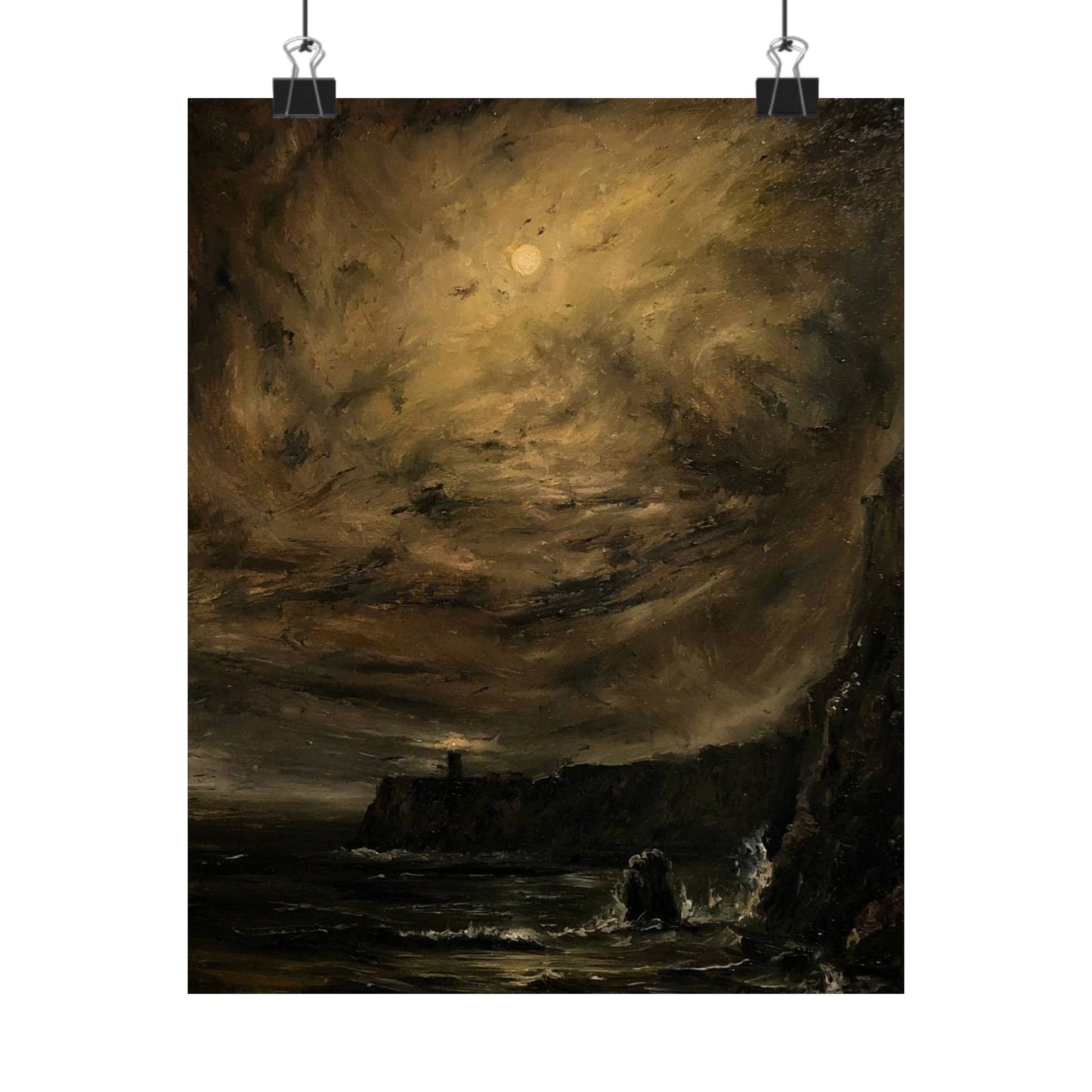 Stormy Lighthouse Painting | Moody Dark Ocean Cliff Decor — Dark Academia Prints