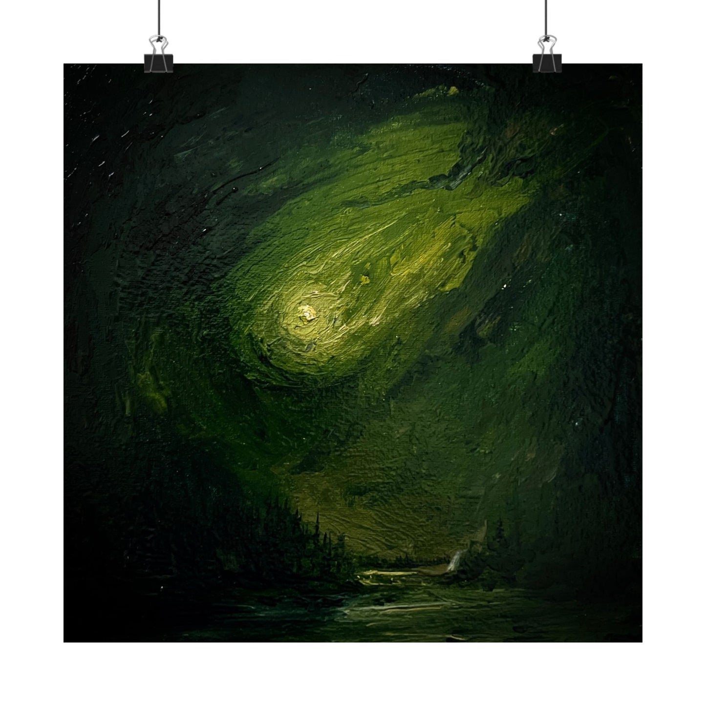 Timeless dark academia emerald forest print, featuring a swirling green night sky and moody gothic pine landscape under the moon, premium matte poster by Mikhail Khalin.