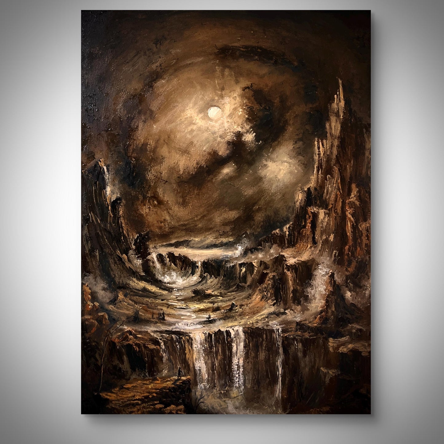 Abstract painting with dark tones and a central light source on a gray background