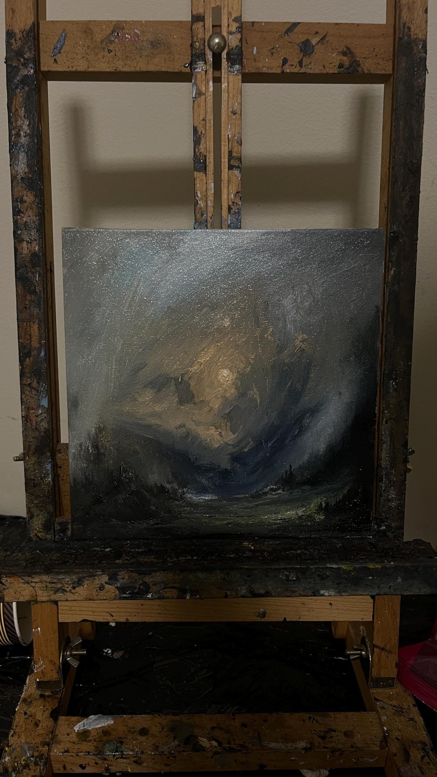 Abstract Misty Mountain Valley – Original Oil Painting 20x20 cm – Atmospheric Landscape