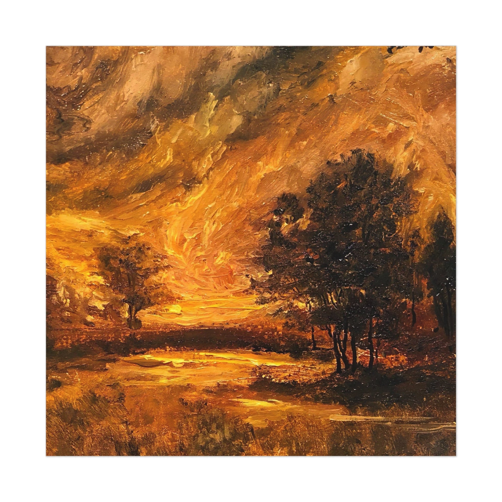 Painting of a landscape with trees and a sunset sky.