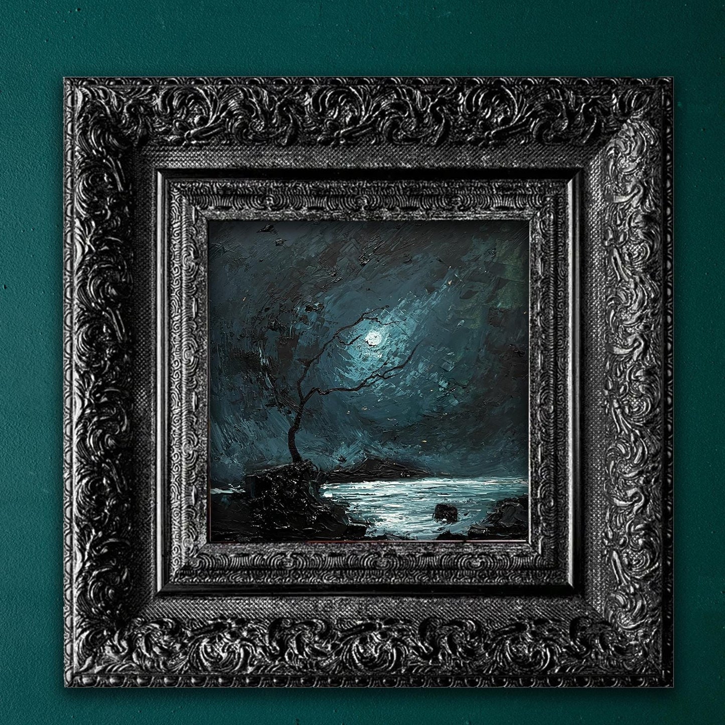 Original Oil Painting: Dark Romantic Nocturne Landscape - 20x20 cm
